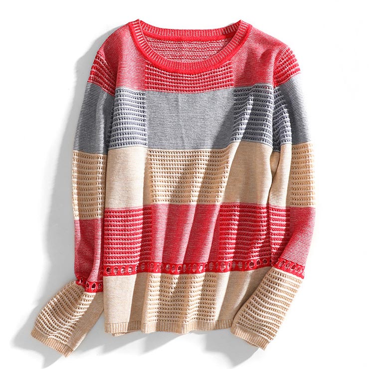 Patchwork Color Crew Neck Long Sleeve Mesh Sweater